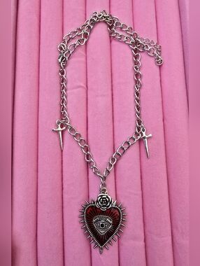 Goth Heart Eye Pendant Necklace with Red Enamel